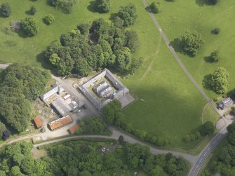 Oblique aerial view of Doune Park Stable Block, taken from the WSW.