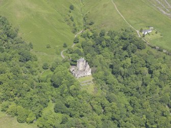 Oblique aerial view of Castle Campbell, taken from the SSW.