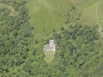 Oblique aerial view of Castle Campbell, taken from the SSE.