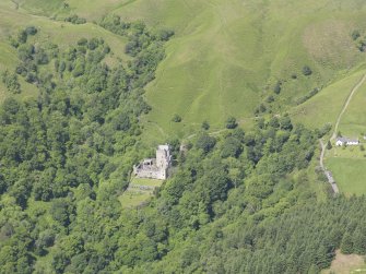 Oblique aerial view of Castle Campbell, taken from the E.