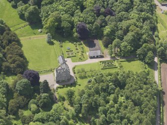 Oblique aerial view of Cleish Castle, taken from the NE.