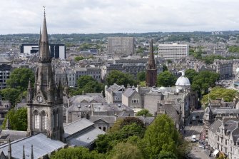 View from east of Triple Kirks and St Nicholas Kirk, taken from St Nicholas House.