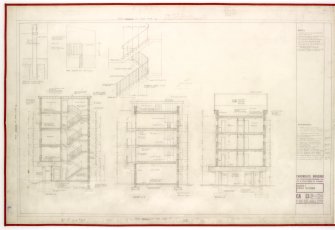 Cross sections and part elevation of 4th floor.  Includes detail of internal stairs.  
Title: Block 1. Cross Sections