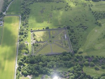 Oblique aerial view of Amisfield Park walled garden, taken from the NNW.