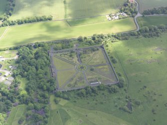 Oblique aerial view of Amisfield Park walled garden, taken from the W.