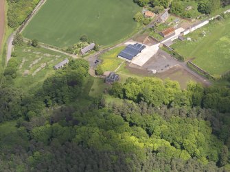 Oblique aerial view of Whittingehame Tower and gate piers, taken from the SSW.