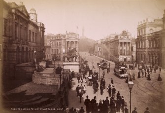 General view of Waterloo Place, Edinburgh from west with trams.
Titled: 'Register Office & Waterloo Place with trams 114 JP'
PHOTOGRAPH ALBUM No.195: PHOTOGRAPHS BY G.W.WILSON & Co. p.47
Photograph Album 195  Photographs by G W Wilson & Co
