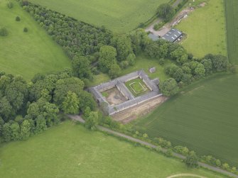 Oblique aerial view of Wedderburn Castle stable block, taken from the NNE.