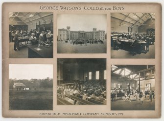 Six mounted photographs showing interior and exterior views of George Watson's College for Boys, Edinburgh. Building since demolished.
Titled: 'George Watson's College for Boys. Edinburgh Merchant Company Schools No1'.