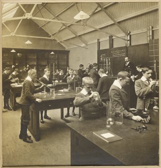Interior view of George Watson's College for Boys, Edinburgh showing laboratory room. 
Titled: 'George Watson's College for Boys. Edinburgh Merchant Company Schools No1'.