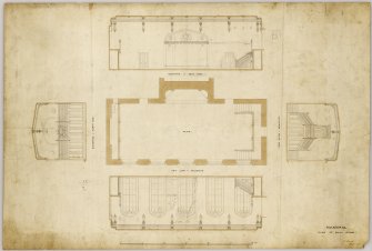 Balmoral, Plan of Ballroom, William Smith, Jan 7 1857; 5 elevations shown; drawn in ink with some watercolour, pencil marks and annotations are on plan.