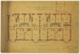 Drawing showing upper floor plan and section of scullery and bathroom for tenements for Mr Robert Kinnear, Brandon Street, Edinburgh. 
Titled: 'Two Tenements at Brandon Street  for  Mr Robert Kinnear'.
Insc: '6 Queen Street'.
Signed: 'Alex W Macnaughton  Archt'.
Dated: 'Edinr Novr 1883'.