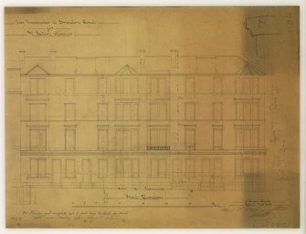 Drawing showing front elevation, with detail of railing, for tenements for Mr Robert Kinnear, Brandon Street, Edinburgh.
Titled: 'Two Tenements at Brandon Street  for  Mr Robert Kinnear'.
Insc: 'Mr Kinnear got complete set of full size details for front  wall and railing cope. Feby 29th 1884  [...]' '6 Queen Street'.
Signed: 'Alex W Macnaughton  Archt'.
Dated: 'Edinr Novr 1883'.