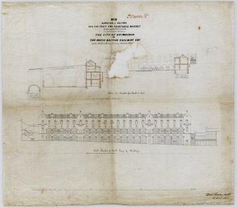 Drawing showing elevation and sections of the Fruit and Vegetable Market, Edinburgh between Cockburn, North Bridge and Market Street.
Titled: 'No III. Elevation and sections. Site for Fruit and Vegetable Market proposed by Claimants in submission between the City of Edinburgh and the North British Railway Coy under the North British Railway (Stations) Act'.
Signed and dated: 'David Cousin 4 December 1861'.