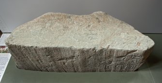 View of Pictish stone showing location of incised cross