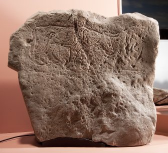 View of Pictish symbol stone fragment (flash)