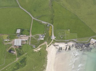 Oblique aerial view centred on Balnakeil House and Durness Parish Church, looking SSW.
