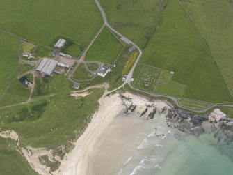 Oblique aerial view centred on Balnakeil House and Durness Parish Church, looking S.
