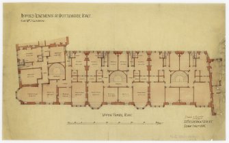 Drawing showing upper floor plans, Spottiswood Street, Edinburgh.
Titled:  'Proposed Tenements At Spottiswoode Road For Mr John Souden:'.
Insc:  'Dunn + Findlay architects. 35 Frederick Street Edinr Decr. 1898:'.