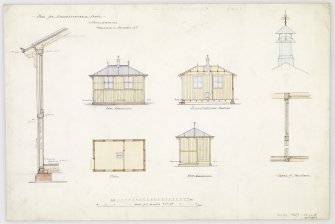 Plan, section and end elevation and details of proposed hut, Duddingston Loch, Edinburgh.
Titled: 'Hut for Duddingston Loch - 11 Royal Exchange, Edinburgh, November 1878'
Unsigned