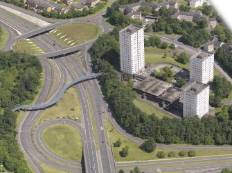 Oblique aerial view of Burns Road centred on the tower blocks, taken from the SSW.