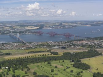 General oblique aerial view of the Firth of Forth centred on The Forth bridges, taken from the SSW.
