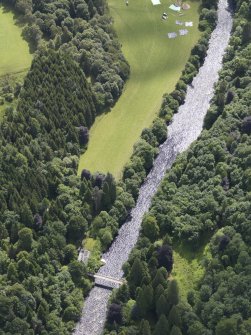 Oblique aerial view of Haugh of Drimmie Suspension Bridge, taken from the NW.