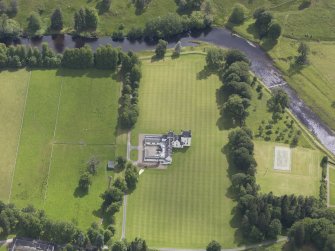 Oblique aerial view of Meggernie Castle, taken from the NNW.
