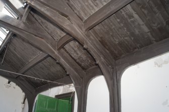 Interior. Detail of upper floor hall roof structure.