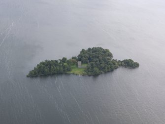 Oblique aerial view of Lochleven Castle, looking ENE.