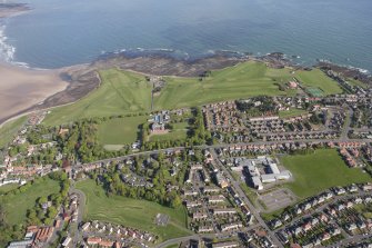 General oblique aerial view of Belhaven, Dunbar and Winterfield Golf Club, looking N.