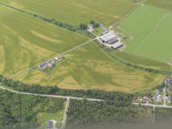 Oblique aerial view of the cropmarks of the field boundaries, possible sunken floored buildings and pits, looking SW.