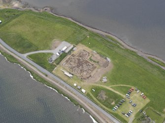 Oblique aerial view of the excavations at Ness of Brodgar, looking N.