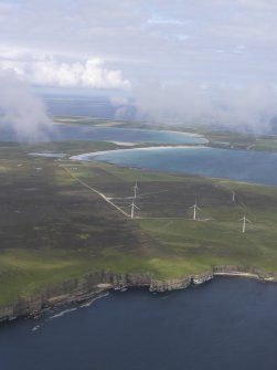 General oblique aerial view of the Bu Wind Farm, Stronsay, looking N.