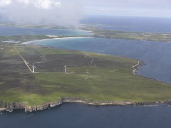 General oblique aerial view of the Bu Wind Farm, Stronsay, looking N.