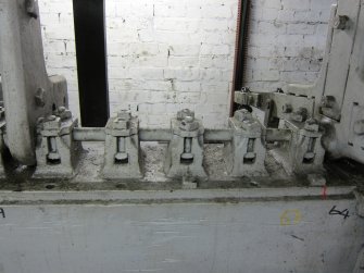Interior. Locking Room. Detail of frame where signal levers removed.