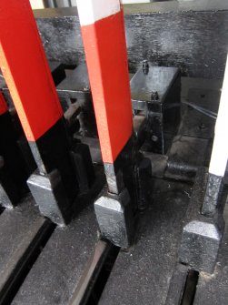 Interior. Signal Box. Detail of lever as it meets bench, by Stevens, Glasgow Pattern.