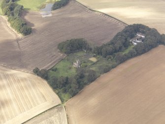 Oblique aerial view of Piteadie Castle, looking to the WSW.