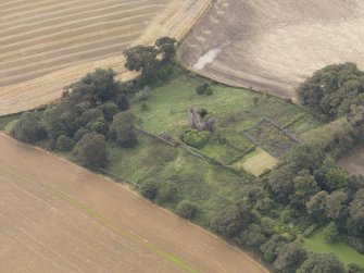 Oblique aerial view of Piteadie Castle, looking to the S.