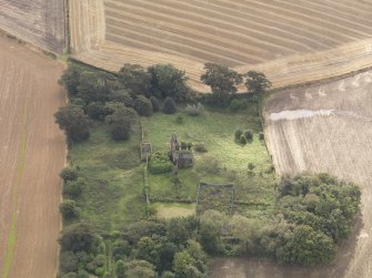 Oblique aerial view of Piteadie Castle, looking to the SSE.