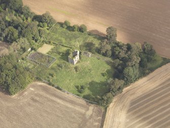 Oblique aerial view of Piteadie Castle, looking to the NE.