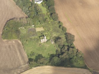Oblique aerial view of Piteadie Castle, looking to the NNW.