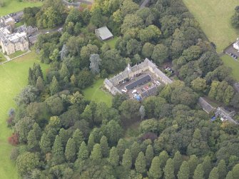 Oblique aerial view of Carberry Tower stable block, looking to the NW.