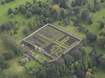 Oblique aerial view of Preston Hall walled garden, looking to the SE.