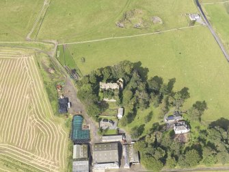Oblique aerial view of Drochil Castle, looking to the NNE.