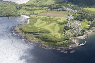 Oblique aerial view of Carradale Golf Course and Carradale Pier, looking W.