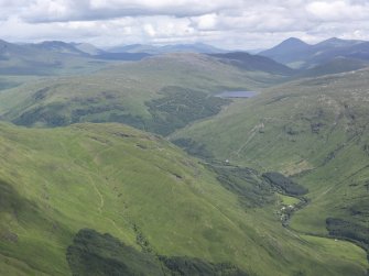 General oblique aerial view of Glen Fyne with Allt na Lairige reservoir byond, looking NNE.