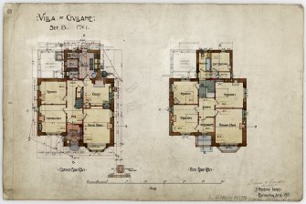 Ground and first floor plans.
Titled:  'Villa At Gullane Set B. No 1'.
Insc:  'Dunn + Findlay architects. 35 Frederick Street Edinburgh June 1897'.