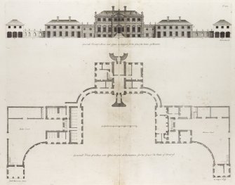 Digital copy of drawing showing plan and elevation.
Insc: 'Generall  Front of a House and Offices as Design'd for his Grace the Duke of Montrose'.  'Generall  Plan of a House and Offices design'd att Buchannan for his Grace The Duke of Montrose' Plate 135 Vitruvius Scoticus