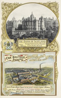 Advertisement for The Bank of Scotland, Edinburgh and Cox Brothers Ltd, Camperdown Jute, Flat and Hemp works, Lochee.
